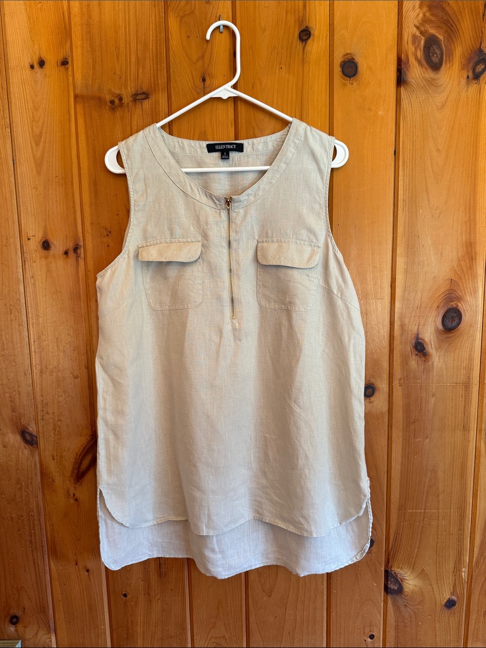 Ellen Tracy Natural Safari Linen Sleeveless Tunic with Zip & Pockets  Large